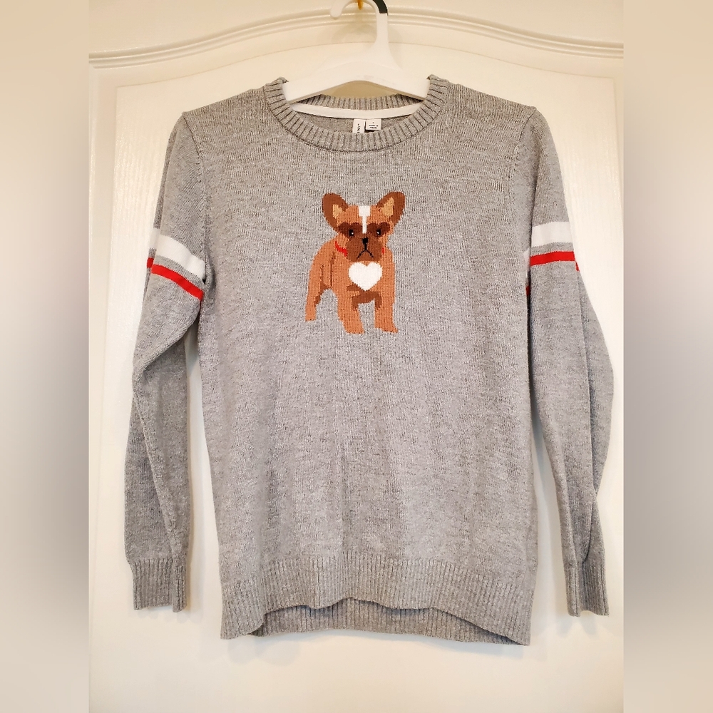 Janie and Jack Gray Sweater with Tan Bulldog and Red Stripe Detail